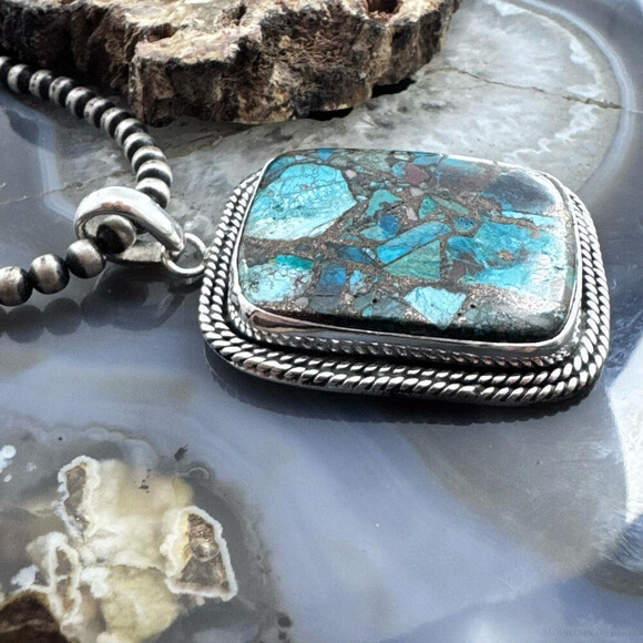 Sterling Southwestern Style Large Square Cooper Turquoise Pendant For Women - Picture 3 of 10